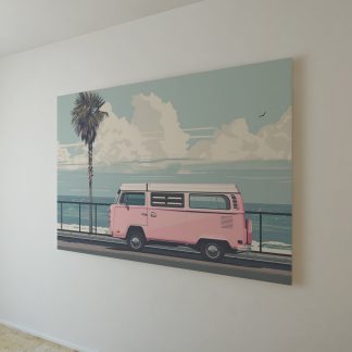 Pink VW Campervan at the Beach UNFRAMED PRINT Travel Art