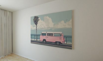 Pink VW Campervan at the Beach UNFRAMED PRINT Travel Art