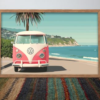 Pink and White VW Campervan at the Beach UNFRAMED PRINT Travel Art Seaside Art