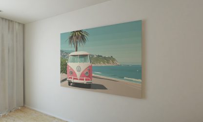 Pink and White VW Campervan at the Beach UNFRAMED PRINT Travel Art Seaside Art - Image 2