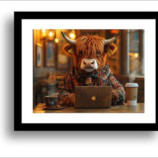 Highland Cow working from home UNFRAMED PRINT Humourous Scottish Art