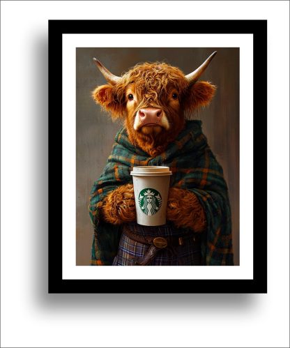 Highland Cow drinking take-away coffee UNFRAMED PRINT Humourous Scottish Art