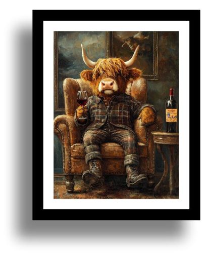 Highland Cow with a bottle of Buckfast UNFRAMED PRINT Humourous Scottish Art
