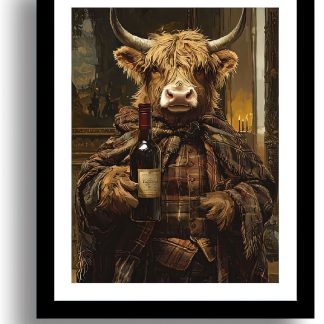 Highland Cow with a bottle of red wine UNFRAMED PRINT Humourous Scottish Art
