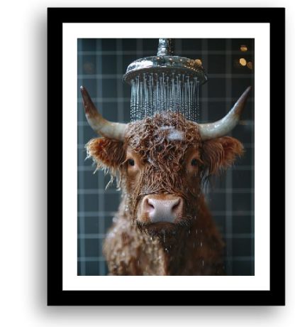 Highland Cow Having a shower UNFRAMED PRINT Humourous Scottish Art