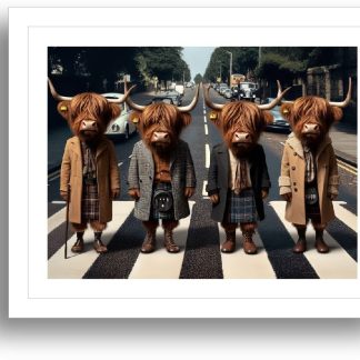 Highland Cows In The Beatles Abbey Road style UNFRAMED PRINT Humourous Scottish Art