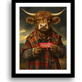 Highland Cow with a pack of Tunnocks Caramel Logs UNFRAMED PRINT Humourous Scottish Art