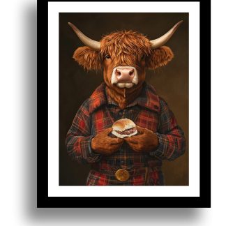 Highland Cow with a Roll and Sausage UNFRAMED PRINT Humourous Scottish Art